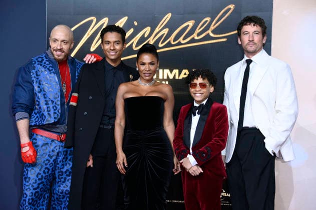 KeiLyn Durrel Jones, Jaafar Jackson, Nia Long, Juliano Krue Valdi und Miles Teller bei der Premiere des Kinofilms Michael in der Uber Eats Music Hall. Berlin, 10.04.2026