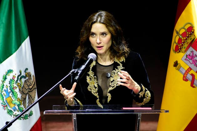 The President of the Community of Madrid, Isabel Diaz Ayuso, speaks during the meeting â€oeCelebration of Evangelization and Miscegenation in Mexico: Malinche and Cortes,†as part of her Working visit to Mexico at Fronton Mexico. on May 4, 2026, in Mexico City, Mexico. Mexico City Mexico - ZUMAe321 20260504_zia_e321_010 Copyright: xLuisxBarronx
