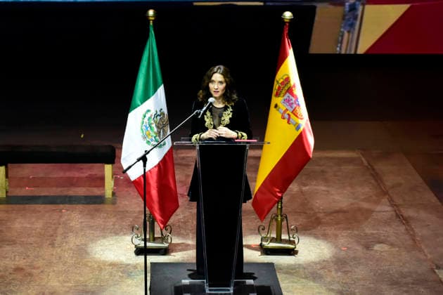 The President of the Community of Madrid, Isabel Diaz Ayuso, speaks during the meeting â€oeCelebration of Evangelization and Miscegenation in Mexico: Malinche and Cortes,†as part of her Working visit to Mexico at Fronton Mexico. on May 4, 2026, in Mexico City, Mexico. Mexico City Mexico - ZUMAe321 20260504_zia_e321_009 Copyright: xLuisxBarronx