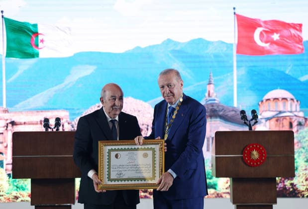 Turkish President Recep Tayyip Erdo?an presented his Algerian counterpart, Abdelmadjid Tebboune, Turkish President Recep Tayyip Erdo?an presented his Algerian counterpart, Abdelmadjid Tebboune, with the Order of the Republic following a joint press conference at the Presidential Complex in Ankara, after a meeting of the High-Level Strategic Council and the signing of cooperation agreements between the two countries. Ankara, Turkey, on May 7, 2026. Photo by Turkish presidency apaimages Istanbul Istanbul Turkey 080526_Turkey_TPO_00(10) Copyright: xapaimagesxTurkishxpresidencyx xapaimagesx