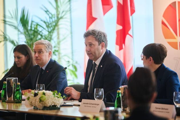 May 8, 2026, Toronto, On, Canada: German Vice-Chancellor and Federal Minister of Finance Lars Klingbeil, centre, delivers opening remarks while Minister of Finance and National Revenue Franvßois-Philippe Champagne, second from left, looks on before a CIBC roundtable with the German-Canadian Chamber of Industry and Commerce in Toronto, on Friday, May 8, 2026. Toronto Canada - ZUMAc35_ 20260508_zaf_c35_103 Copyright: xSammyxKoganx