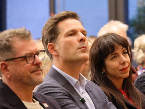 Wahlkampf Berlin 2026 Runde 08.09.2026, Germany, Berlin, Landtagswahl 2026, Wahlkampf, Spitzenrunde, Kathalische Bildungsakademie, Talkrunde auf Einladung von Erzbischof Heiner Koch mit Werner Graf GRUENE, Elif Eralp (Spitzenkandidatin Die Linke), Steffen Krach (Spitzenkandidat SPD), Stefan Evers (Spitzenkandidat CDU), hier GRÜNE SPD LINKE Berlin Berlin Germany