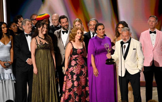 Taylor Dearden, Michael Hissrich, Terri Murphy, Simran Baidwan, Sepideh Moafi, Ned Haspel, R. Scott Gemmill, Erin Jontow, Joe Sachs, Katherine LaNasa and Gerran Howell accept the Outstanding Drama Series Award for The Pitt on stage during the 78th annual Primetime Emmy Awards at the Peacock Theater in Los Angeles on Monday, September 14, 2026. LAP20260914191 JIMxRUYMEN