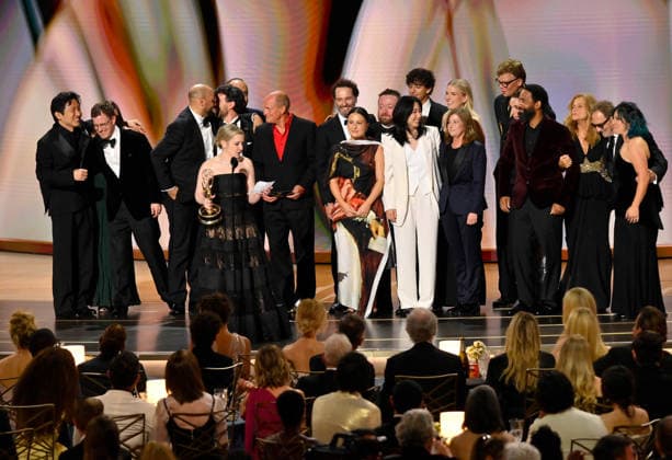 Cast and crew including Colton Dunn, presenter Woody Harrelson, Katie Dippold, Matthew Rhys, Carver Karaszewski, Neil Casey, Kingston Rumi Southwick, Jeff Hiller and Kevin Carroll, accept the Outstanding Comedy Series Award for Widow s Bay on stage during the 78th annual Primetime Emmy Awards at the Peacock Theater in Los Angeles on Monday, September 14, 2026. LAP20260914198 JIMxRUYMEN