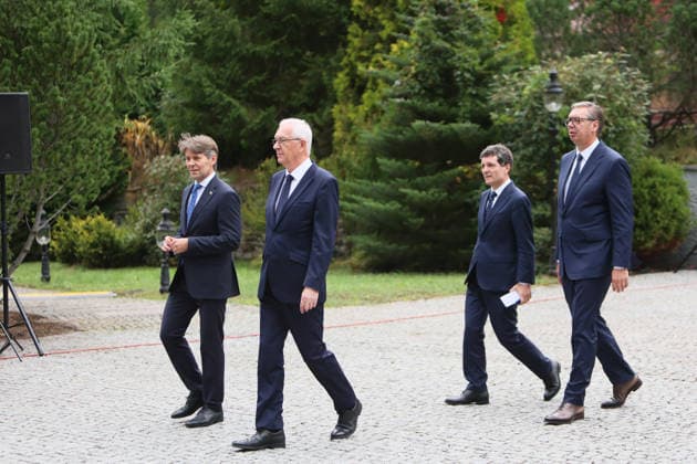 President of Serbia Aleksandar Vucic, President of Romania Nicusor Dan, and First Vice-President of the Senate of the Czech Republic Jiri Drahos (right to left) attend the Carpathian 8 Summit in Ivano-Frankivsk region, Ukraine, September 18, 2026. On this day, President of Ukraine Volodymyr Zelenskyy announced the launch of a new format - the Carpathian Eight (C8) - comprising Austria, the Czech Republic, Hungary, Poland, Romania, Serbia, Slovakia, and Ukraine. (Photo by Yurii Rylchuk Ukrinform) Carpathian 8 Summit in western Ukraine Copyright: xYuriixRylchukx