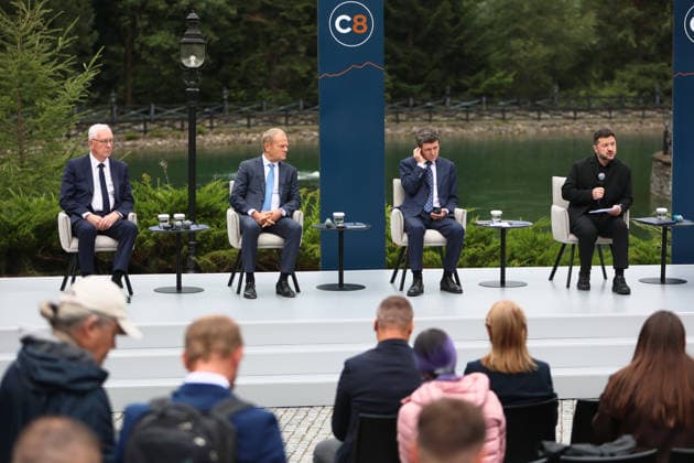 First Vice-President of the Senate of the Czech Republic Jiri Drahos, Prime Minister of Poland Donald Tusk, President of Romania Nicusor Dan, and President of Ukraine Volodymyr Zelenskyy (left to right) participate in a news conference during the Carpathian 8 Summit in Ivano-Frankivsk region, Ukraine, September 18, 2026. On this day, President of Ukraine Volodymyr Zelenskyy announced the launch of a new format - the Carpathian Eight (C8) - comprising Austria, the Czech Republic, Hungary, Poland, Romania, Serbia, Slovakia, and Ukraine. (Photo by Yurii Rylchuk Ukrinform) Carpathian 8 Summit in western Ukraine Copyright: xYuriixRylchukx