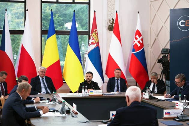 Minister of Foreign Affairs of Ukraine Andrii Sybiha, President of Ukraine Volodymyr Zelenskyy and First Deputy Head of the Office of the President of Ukraine Sergiy Kyslytsya (left to right) participate in the first plenary session of the Carpathian 8 Summit in Ivano-Frankivsk region, Ukraine, September 18, 2026. On this day, President of Ukraine Volodymyr Zelenskyy announced the launch of a new format - the Carpathian Eight (C8) - comprising Austria, the Czech Republic, Hungary, Poland, Romania, Serbia, Slovakia, and Ukraine. (Photo by Yurii Rylchuk Ukrinform) Carpathian 8 Summit in western Ukraine Copyright: xYuriixRylchukx
