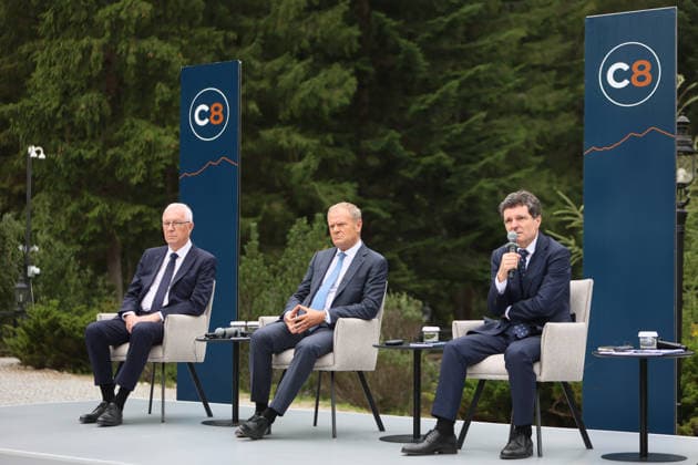 First Vice-President of the Senate of the Czech Republic Jiri Drahos, Prime Minister of Poland Donald Tusk, and President of Romania Nicusor Dan (left to right) attend a news conference during the Carpathian 8 Summit in Ivano-Frankivsk region, Ukraine, September 18, 2026. On this day, President of Ukraine Volodymyr Zelenskyy announced the launch of a new format - the Carpathian Eight (C8) - comprising Austria, the Czech Republic, Hungary, Poland, Romania, Serbia, Slovakia, and Ukraine. (Photo by Yurii Rylchuk Ukrinform) Carpathian 8 Summit in western Ukraine Copyright: xYuriixRylchukx