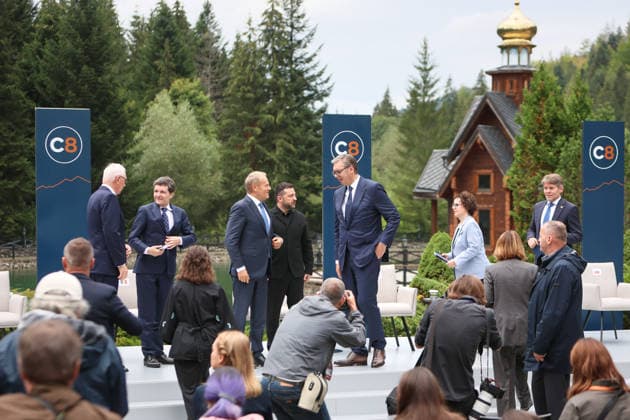 First Vice-President of the Senate of the Czech Republic Jiri Drahos, President of Romania Nicusor Dan, Prime Minister of Poland Donald Tusk, President of Ukraine Volodymyr Zelenskyy, President of Serbia Aleksandar Vucic, President of the Federal Council of Austria Christine Schwarz-Fuchs, and State Secretary of the Ministry of Foreign and European Affairs of Slovakia Marek Estok (left to right) talk during the Carpathian 8 Summit in Ivano-Frankivsk region, Ukraine, September 18, 2026. On this day, President of Ukraine Volodymyr Zelenskyy announced the launch of a new format - the Carpathian Eight (C8) - comprising Austria, the Czech Republic, Hungary, Poland, Romania, Serbia, Slovakia, and Ukraine. (Photo by Yurii Rylchuk Ukrinform) Carpat Copyright: xYuriixRylchukx