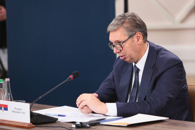 President of Serbia Aleksandar Vucic participates in the first plenary session of the Carpathian 8 Summit in Ivano-Frankivsk region, Ukraine, September 18, 2026. On this day, President of Ukraine Volodymyr Zelenskyy announced the launch of a new format - the Carpathian Eight (C8) - comprising Austria, the Czech Republic, Hungary, Poland, Romania, Serbia, Slovakia, and Ukraine. (Photo by Yurii Rylchuk Ukrinform) Carpathian 8 Summit in western Ukraine Copyright: xYuriixRylchukx