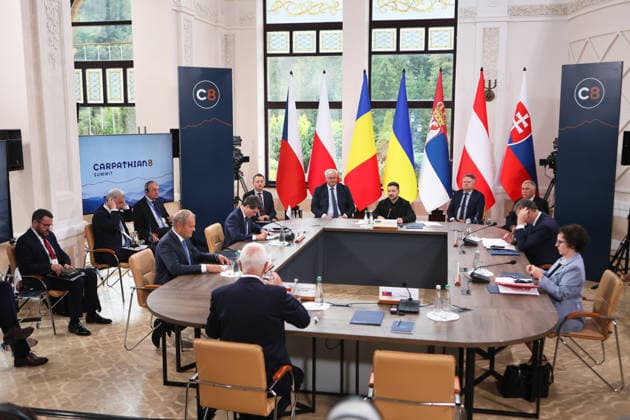 First Vice-President of the Senate of the Czech Republic Jiri Drahos, Prime Minister of Poland Donald Tusk, President of Romania Nicusor Dan, President of Ukraine Volodymyr Zelenskyy, President of Serbia Aleksandar Vucic and President of the Federal Council of Austria Christine Schwarz-Fuchs (left to right) participate in the first plenary sitting of the Carpathian 8 Summit in Ivano-Frankivsk region, Ukraine, September 18, 2026. On this day, President of Ukraine Volodymyr Zelenskyy announced the launch of a new format - the Carpathian Eight (C8) - comprising Austria, the Czech Republic, Hungary, Poland, Romania, Serbia, Slovakia, and Ukraine. (Photo by Yurii Rylchuk Ukrinform) Carpathian 8 Summit in western Ukraine Copyright: xYuriixRylchukx