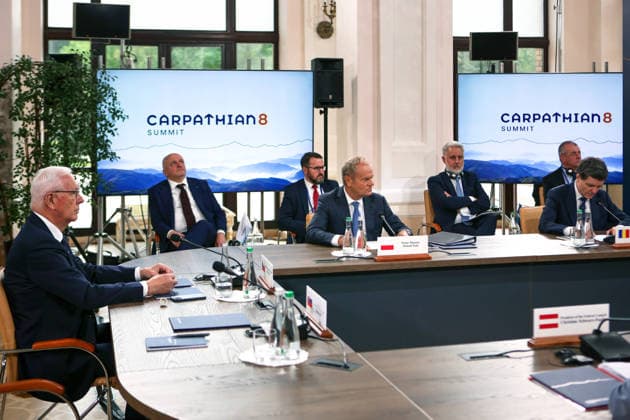 First Vice-President of the Senate of the Czech Republic Jiri Drahos, Prime Minister of Poland Donald Tusk, and President of Romania Nicusor Dan (left to right) participate in the first plenary sitting of the Carpathian 8 Summit in Ivano-Frankivsk region, Ukraine, September 18, 2026. On this day, President of Ukraine Volodymyr Zelenskyy announced the launch of a new format - the Carpathian Eight (C8) - comprising Austria, the Czech Republic, Hungary, Poland, Romania, Serbia, Slovakia, and Ukraine. (Photo by Yurii Rylchuk Ukrinform) Carpathian 8 Summit in western Ukraine Copyright: xYuriixRylchukx