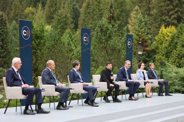 First Vice-President of the Senate of the Czech Republic Jiri Drahos, Prime Minister of Poland Donald Tusk, President of Romania Nicusor Dan, President of Ukraine Volodymyr Zelenskyy, President of Serbia Aleksandar Vucic, President of the Federal Council of Austria Christine Schwarz-Fuchs, and State Secretary of the Ministry of Foreign and European Affairs of Slovakia Marek Estok (left to right) participate in a news conference during the Carpathian 8 Summit in Ivano-Frankivsk region, Ukraine, September 18, 2026. On this day, President of Ukraine Volodymyr Zelenskyy announced the launch of a new format - the Carpathian Eight (C8) - comprising Austria, the Czech Republic, Hungary, Poland, Romania, Serbia, Slovakia, and Ukraine. (Photo by Yur Copyright: xYuriixRylchukx