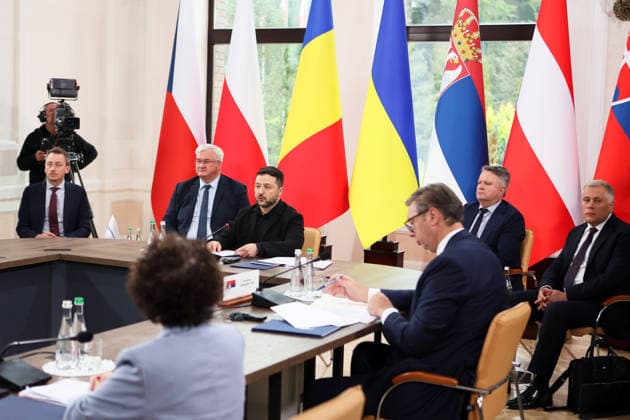 Deputy Head of the Office of the President of Ukraine Oleksii Sobolev, Minister of Foreign Affairs of Ukraine Andrii Sybiha, President of Ukraine Volodymyr Zelenskyy and First Deputy Head of the Office of the President of Ukraine Sergiy Kyslytsya (left to right) participate in the first plenary session of the Carpathian 8 Summit in Ivano-Frankivsk region, Ukraine, September 18, 2026. On this day, President of Ukraine Volodymyr Zelenskyy announced the launch of a new format - the Carpathian Eight (C8) - comprising Austria, the Czech Republic, Hungary, Poland, Romania, Serbia, Slovakia, and Ukraine. (Photo by Yurii Rylchuk Ukrinform) Carpathian 8 Summit in western Ukraine Copyright: xYuriixRylchukx