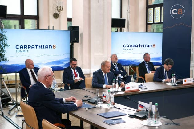 First Vice-President of the Senate of the Czech Republic Jiri Drahos, Prime Minister of Poland Donald Tusk, and President of Romania Nicusor Dan (left to right) participate in the first plenary sitting of the Carpathian 8 Summit in Ivano-Frankivsk region, Ukraine, September 18, 2026. On this day, President of Ukraine Volodymyr Zelenskyy announced the launch of a new format - the Carpathian Eight (C8) - comprising Austria, the Czech Republic, Hungary, Poland, Romania, Serbia, Slovakia, and Ukraine. (Photo by Yurii Rylchuk Ukrinform) Carpathian 8 Summit in western Ukraine Copyright: xYuriixRylchukx