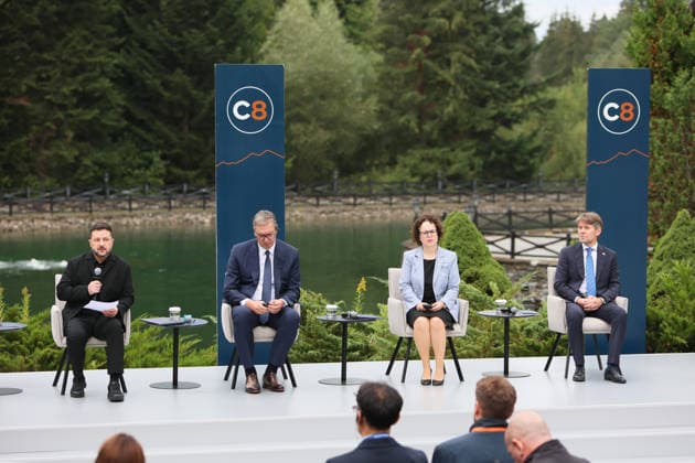 President of Ukraine Volodymyr Zelenskyy, President of Serbia Aleksandar Vucic, President of the Federal Council of Austria Christine Schwarz-Fuchs, and State Secretary of the Ministry of Foreign and European Affairs of Slovakia Marek Estok (left to right) participate in a news conference during the Carpathian 8 Summit in Ivano-Frankivsk region, Ukraine, September 18, 2026. On this day, President of Ukraine Volodymyr Zelenskyy announced the launch of a new format - the Carpathian Eight (C8) - comprising Austria, the Czech Republic, Hungary, Poland, Romania, Serbia, Slovakia, and Ukraine. (Photo by Yurii Rylchuk Ukrinform) Carpathian 8 Summit in western Ukraine Copyright: xYuriixRylchukx