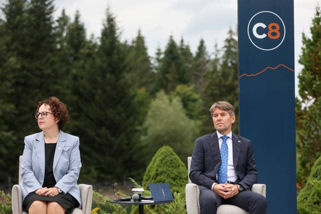 President of the Federal Council of Austria Christine Schwarz-Fuchs and State Secretary of the Ministry of Foreign and European Affairs of Slovakia Marek Estok participate in a news conference at the Carpathian 8 Summit in Ivano-Frankivsk region, Ukraine, September 18, 2026. On this day, President of Ukraine Volodymyr Zelenskyy announced the launch of a new format - the Carpathian Eight (C8) - comprising Austria, the Czech Republic, Hungary, Poland, Romania, Serbia, Slovakia, and Ukraine. (Photo by Yurii Rylchuk Ukrinform) Carpathian 8 Summit in western Ukraine Copyright: xYuriixRylchukx