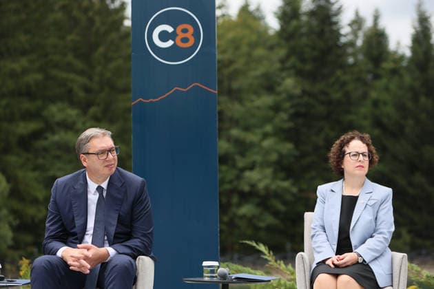 President of Serbia Aleksandar Vucic and President of the Federal Council of Austria Christine Schwarz-Fuchs participate in a news conference during the Carpathian 8 Summit in Ivano-Frankivsk region, Ukraine, September 18, 2026. On this day, President of Ukraine Volodymyr Zelenskyy announced the launch of a new format - the Carpathian Eight (C8) - comprising Austria, the Czech Republic, Hungary, Poland, Romania, Serbia, Slovakia, and Ukraine. (Photo by Yurii Rylchuk Ukrinform) Carpathian 8 Summit in western Ukraine Copyright: xYuriixRylchukx