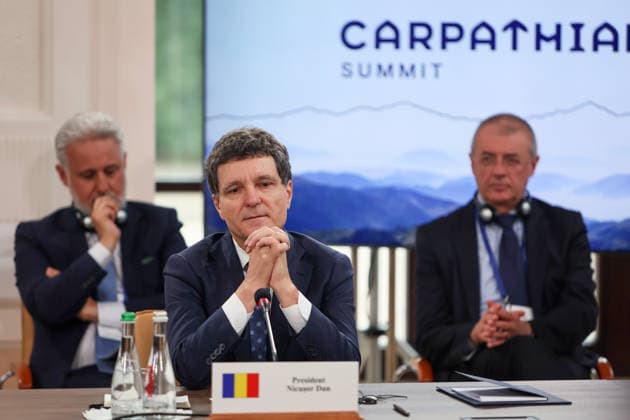 President of Romania Nicusor Dan participates in the first plenary sitting of the Carpathian 8 Summit in Ivano-Frankivsk region, Ukraine, September 18, 2026. On this day, President of Ukraine Volodymyr Zelenskyy announced the launch of a new format - the Carpathian Eight (C8) - comprising Austria, the Czech Republic, Hungary, Poland, Romania, Serbia, Slovakia, and Ukraine. (Photo by Yurii Rylchuk Ukrinform) Carpathian 8 Summit in western Ukraine Copyright: xYuriixRylchukx