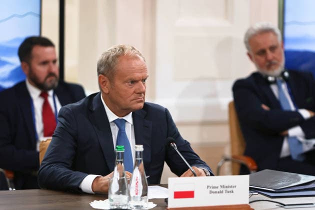Prime Minister of Poland Donald Tusk participates in the first plenary session of the Carpathian 8 Summit in Ivano-Frankivsk region, Ukraine, September 18, 2026. On this day, President of Ukraine Volodymyr Zelenskyy announced the launch of a new format - the Carpathian Eight (C8) - comprising Austria, the Czech Republic, Hungary, Poland, Romania, Serbia, Slovakia, and Ukraine. (Photo by Yurii Rylchuk Ukrinform) Carpathian 8 Summit in western Ukraine Copyright: xYuriixRylchukx