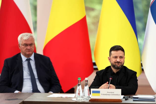 President of Ukraine Volodymyr Zelenskyy (right) and Minister of Foreign Affairs of Ukraine Andrii Sybiha participate in the first plenary session of the Carpathian 8 Summit in Ivano-Frankivsk region, Ukraine, September 18, 2026. On this day, President of Ukraine Volodymyr Zelenskyy announced the launch of a new format - the Carpathian Eight (C8) - comprising Austria, the Czech Republic, Hungary, Poland, Romania, Serbia, Slovakia, and Ukraine. (Photo by Yurii Rylchuk Ukrinform) Carpathian 8 Summit in western Ukraine Copyright: xYuriixRylchukx