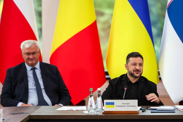 President of Ukraine Volodymyr Zelenskyy (right) and Minister of Foreign Affairs of Ukraine Andrii Sybiha participate in the first plenary session of the Carpathian 8 Summit in Ivano-Frankivsk region, Ukraine, September 18, 2026. On this day, President of Ukraine Volodymyr Zelenskyy announced the launch of a new format - the Carpathian Eight (C8) - comprising Austria, the Czech Republic, Hungary, Poland, Romania, Serbia, Slovakia, and Ukraine. (Photo by Yurii Rylchuk Ukrinform) Carpathian 8 Summit in western Ukraine Copyright: xYuriixRylchukx