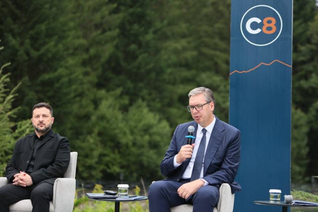President of Ukraine Volodymyr Zelenskyy (left) and President of Serbia Aleksandar Vucic attend a news conference during the Carpathian 8 Summit in Ivano-Frankivsk region, Ukraine, September 18, 2026. On this day, President of Ukraine Volodymyr Zelenskyy announced the launch of a new format - the Carpathian Eight (C8) - comprising Austria, the Czech Republic, Hungary, Poland, Romania, Serbia, Slovakia, and Ukraine. (Photo by Yurii Rylchuk Ukrinform) Carpathian 8 Summit in western Ukraine Copyright: xYuriixRylchukx