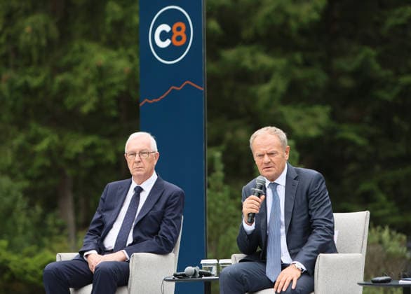 First Vice-President of the Senate of the Czech Republic Jiri Drahos and Prime Minister of Poland Donald Tusk (left to right) attend a news conference during the Carpathian 8 Summit in Ivano-Frankivsk region, Ukraine, September 18, 2026. On this day, President of Ukraine Volodymyr Zelenskyy announced the launch of a new format - the Carpathian Eight (C8) - comprising Austria, the Czech Republic, Hungary, Poland, Romania, Serbia, Slovakia, and Ukraine. (Photo by Yurii Rylchuk Ukrinform) Carpathian 8 Summit in western Ukraine Copyright: xYuriixRylchukx
