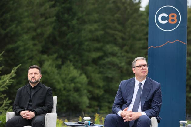 President of Ukraine Volodymyr Zelenskyy (left) and President of Serbia Aleksandar Vucic attend a news conference during the Carpathian 8 Summit in Ivano-Frankivsk region, Ukraine, September 18, 2026. On this day, President of Ukraine Volodymyr Zelenskyy announced the launch of a new format - the Carpathian Eight (C8) - comprising Austria, the Czech Republic, Hungary, Poland, Romania, Serbia, Slovakia, and Ukraine. (Photo by Yurii Rylchuk Ukrinform) Carpathian 8 Summit in western Ukraine Copyright: xYuriixRylchukx