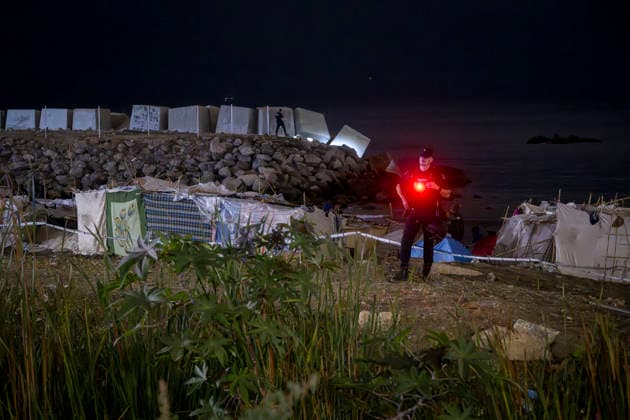 Rain Affects the Settlements on El Trampolín Beach in Ceuta; Migrants Spend the Night on the Beaches of El Trampolín and Benítez, September 28, 2026, in Ceuta, Spain. Around 3,000 migrants remain in makeshift settlements on Ceuta’s beaches following the massive influx recorded in late July. Continuous rain is flooding the ground and damaging the shacks built with reeds, plastic, cardboard, and sheets on El Trampolín beach. SEPTEMBER 28, 2026, Ceuta, Spain Copyright: xMarcosxMorenox 7806885