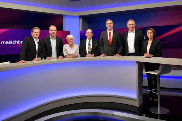 Michael Bröcker, Peter R. Neumann, Ulrike Herrmann, Denis Scheck, Frederik Pleitgen, Jan van Aken und Sandra Maischberger in der ARD-Talkshow maischberger im Studio Berlin Adlershof. Berlin, 29.09.2026