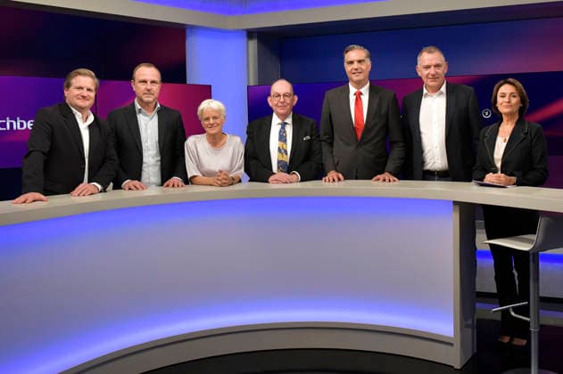 Michael Bröcker, Peter R. Neumann, Ulrike Herrmann, Denis Scheck, Frederik Pleitgen, Jan van Aken und Sandra Maischberger in der ARD-Talkshow maischberger im Studio Berlin Adlershof. Berlin, 29.09.2026