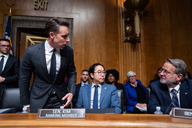 Rogue AI Hearing UNITED STATES - SEPTEMBER 30: From left, Chairman Josh Hawley, R-Mo., ranking member Sen. Andy Kim, D-N.J., and Sen. Gary Peters, D-Mich., arrive for the Senate Homeland Security and Governmental Affairs Subcommittee on Disaster Management, District of Columbia, and Census hearing titled Rogue AI: Securing the Homeland Against AI Agent Attacks, in Dirksen Senate Office Building on Wednesday, September 30, 2026. (Tom Williams CQ Roll Call) Washington DC United States EDITORIAL USE ONLY Copyright: x2026xCQ-RollxCall,xInc.x TomxWilliamsx rollcallpix173107