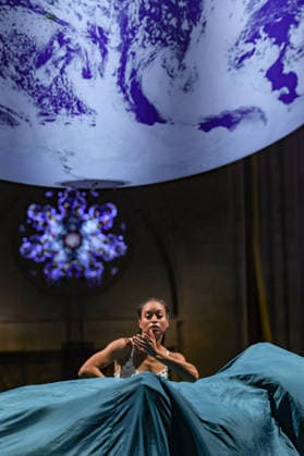 October 4, 2026, New York, New York, United States: Members of the Forces of Nature Dance Theatre Company perform beneath Gaia, the monumental illuminated Earth installation by British artist LUKE JERRAM, during the annual Blessing of the Animals at the Cathedral of St. John the Divine in New York. The celebration, held in honour of the Feast of St. Francis of Assisi, brings together dance, music, animals and their human companions in a celebration of the natural world. New York United States - ZUMAo116 20261004_znp_o116_039 Copyright: xBiancaxOterox