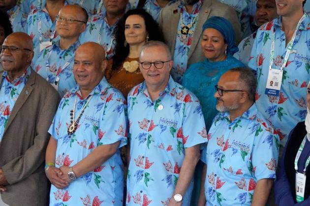 October 6, 2026, Funafuti, Funafuti, Tuvalu: Australian Prime Minister ANTHONY ALBANESE, Fijian Prime Minister SITIVENI RABUKA, and Tuvaluan Prime Minister FELETI TEO and other international leaders attend the Pre-COP31 Leaders™ event in Funafuti, Tuvalu, on October 6, 2026. Complementing the ministerial meeting in Fiji, the visit brings global decision-makers to the low-lying Pacific island nation to witness climate impacts and community adaptation efforts firsthand and advance climate action ahead of COP31 in Antalya, Türkiye. Funafuti Tuvalu - ZUMA 20261006_int_h213_022 Copyright: xHuang Mendersx