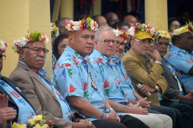 October 6, 2026, Funafuti, Funafuti, Tuvalu: Australian Prime Minister ANTHONY ALBANESE, Fijian Prime Minister SITIVENI RABUKA, and Tuvaluan Prime Minister FELETI TEO and other international leaders attend a welcome ceremony for the Pre-COP31 Leaders™ event in Funafuti, Tuvalu, on October 6, 2026. Complementing the ministerial meeting in Fiji, the visit brings global decision-makers to the low-lying Pacific island nation to witness climate impacts and community adaptation efforts firsthand and advance climate action ahead of COP31 in Antalya, Türkiye. Funafuti Tuvalu - ZUMA 20261006_int_h213_012 Copyright: xHuang Mendersx