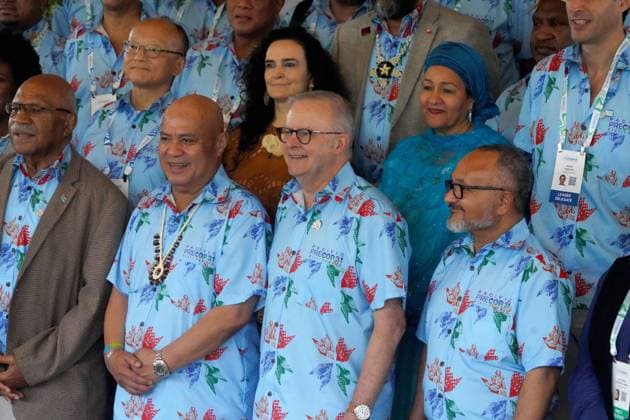 October 6, 2026, Funafuti, Funafuti, Tuvalu: Australian Prime Minister ANTHONY ALBANESE, Fijian Prime Minister SITIVENI RABUKA, and Tuvaluan Prime Minister FELETI TEO and other international leaders attend the Pre-COP31 Leaders™ event in Funafuti, Tuvalu, on October 6, 2026. Complementing the ministerial meeting in Fiji, the visit brings global decision-makers to the low-lying Pacific island nation to witness climate impacts and community adaptation efforts firsthand and advance climate action ahead of COP31 in Antalya, Türkiye. Funafuti Tuvalu - ZUMA 20261006_int_h213_023 Copyright: xHuang Mendersx