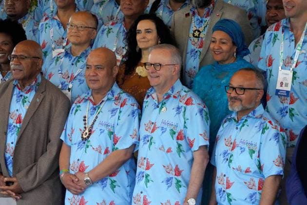 October 6, 2026, Funafuti, Funafuti, Tuvalu: Australian Prime Minister ANTHONY ALBANESE, Fijian Prime Minister SITIVENI RABUKA, and Tuvaluan Prime Minister FELETI TEO and other international leaders attend the Pre-COP31 Leaders™ event in Funafuti, Tuvalu, on October 6, 2026. Complementing the ministerial meeting in Fiji, the visit brings global decision-makers to the low-lying Pacific island nation to witness climate impacts and community adaptation efforts firsthand and advance climate action ahead of COP31 in Antalya, Türkiye. Funafuti Tuvalu - ZUMA 20261006_int_h213_024 Copyright: xHuang Mendersx