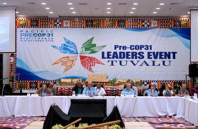 October 6, 2026, Funafuti, Funafuti, Tuvalu: Tuvaluan Prime Minister FELETI TEO addresses the Pre-COP31 attendees, including Fijian Prime Minister SITIVENI RABUKA, Australian Prime Minister ANTHONY ALBANESE, and CHRIS BOWEN, Australian Minister for Climate Change and Energy at the Pre-COP31 Leaders™ event in Funafuti, Tuvalu. Over a dozen leaders touched down on the tiny Pacific atoll nation of Tuvalu on October 6, 2026 for a first-hand look at a once-vibrant ecosystem being threatened due to climate change. Funafuti Tuvalu - ZUMA 20261006_int_h213_033 Copyright: xHuang Mendersx