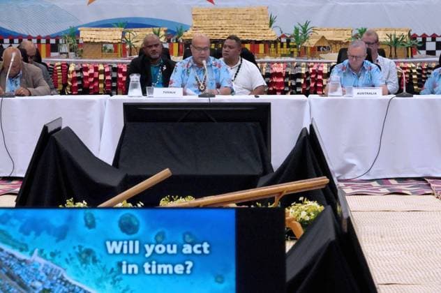 October 6, 2026, Funafuti, Funafuti, Tuvalu: Tuvaluan Prime Minister FELETI TEO addresses the Pre-COP31 attendees, including Fijian Prime Minister SITIVENI RABUKA, Australian Prime Minister ANTHONY ALBANESE, and CHRIS BOWEN, Australian Minister for Climate Change and Energy at the Pre-COP31 Leaders™ event in Funafuti, Tuvalu. Over a dozen leaders touched down on the tiny Pacific atoll nation of Tuvalu on October 6, 2026 for a first-hand look at a once-vibrant ecosystem being threatened due to climate change. Funafuti Tuvalu - ZUMA 20261006_int_h213_028 Copyright: xHuang Mendersx
