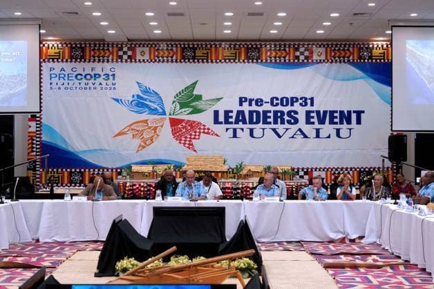 October 6, 2026, Funafuti, Funafuti, Tuvalu: Tuvaluan Prime Minister FELETI TEO addresses the Pre-COP31 attendees, including Fijian Prime Minister SITIVENI RABUKA, Australian Prime Minister ANTHONY ALBANESE, and CHRIS BOWEN, Australian Minister for Climate Change and Energy at the Pre-COP31 Leaders™ event in Funafuti, Tuvalu. Over a dozen leaders touched down on the tiny Pacific atoll nation of Tuvalu on October 6, 2026 for a first-hand look at a once-vibrant ecosystem being threatened due to climate change. Funafuti Tuvalu - ZUMA 20261006_int_h213_030 Copyright: xHuang Mendersx