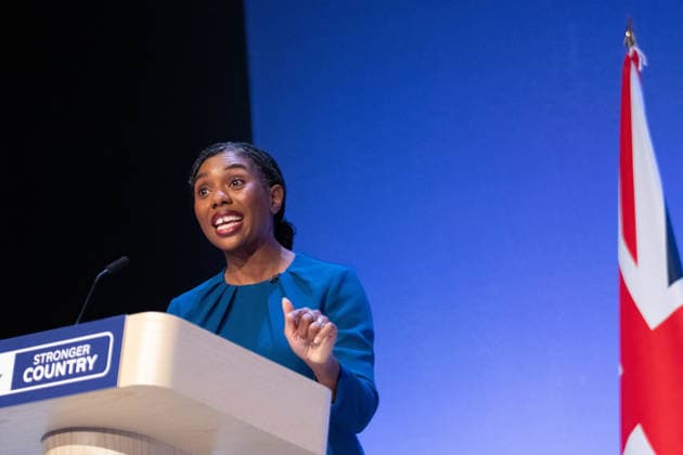 October 7, 2026, Birmingham, United Kingdom: Conservative leader Kemi Badenoch addresses delegates at the Symphony Hall in Birmingham on the final day of the party™s annual conference. Kemi Badenoch delivered her high-stakes keynote speech, she promised sweeping tax cuts and took direct aim at Andy Burnham s Labour government, declaring a battle for the soul of the nation Birmingham United Kingdom - ZUMAs197 20261007_aaa_s197_101 Copyright: xGaryxRobertsx