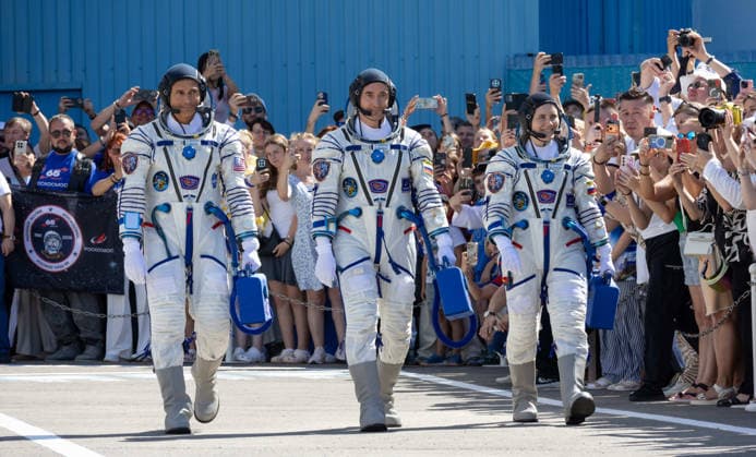 October 8, 2026, Baikonur, Kazakhstan: Baikonur, Kazakhstan. 14 July, 2026. NASA astronaut Anil Menon, left, and Roscosmos cosmonauts Pyotr Dubrov and Anna Kikina depart Building 254 for their Soyuz launch at the Baikonur Cosmodrome, July 14, 2026 in Baikonur, Kazakhstan. The crew launched to the International Space Station later that day. Baikonur Kazakhstan - ZUMAp138 20261008_zaa_p138_020 Copyright: xVictorxZelentsov Nasax