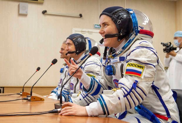 October 8, 2026, Baikonur, Kazakhstan: Baikonur, Kazakhstan. 14 July, 2026. Roscosmos cosmonaut Anna Kikina, foreground, Roscosmos cosmonaut Pyotr Dubrov and NASA astronaut Anil Menon, left, talk with family and friends after Sokol suit pressure checks at the Baikonur Cosmodrome, July 14, 2026 in Baikonur, Kazakhstan. The crew launched to the International Space Station later that day. Baikonur Kazakhstan - ZUMAp138 20261008_zaa_p138_025 Copyright: xPavelxShvets Gctcx