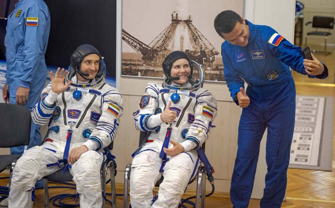 October 8, 2026, Baikonur, Kazakhstan: Baikonur, Kazakhstan. 14 July, 2026. Roscosmos cosmonauts Pyotr Dubrov, left, and Anna Kikina smile for a selfie taken by backup crew member Konstantin Borisov during Sokol suit pressure checks at the Baikonur Cosmodrome, July 14, 2026 in Baikonur, Kazakhstan. The crew launched to the International Space Station later that day. Baikonur Kazakhstan - ZUMAp138 20261008_zaa_p138_051 Copyright: xBillxIngalls Nasax