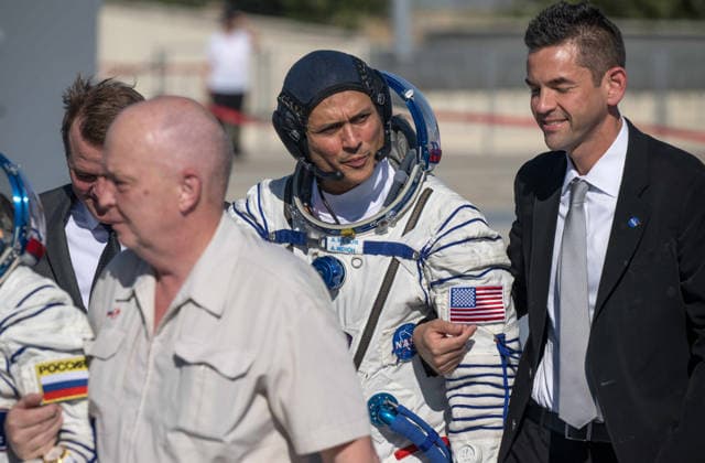 October 8, 2026, Baikonur, Kazakhstan: Baikonur, Kazakhstan. 14 July, 2026. NASA astronaut Anil Menon walks with NASA Deputy Administrator Matt Anderson, left, and NASA Administrator Jared Isaacman to board the Soyuz MS-29 spacecraft at the Baikonur Cosmodrome, July 14, 2026 in Baikonur, Kazakhstan. Menon launched to the International Space Station with Anna Kikina and Pyotr Dubrov. Baikonur Kazakhstan - ZUMAp138 20261008_zaa_p138_055 Copyright: xBillxIngalls Nasax