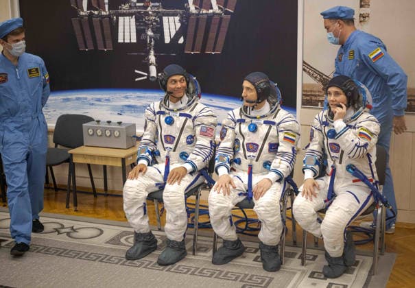 October 8, 2026, Baikonur, Kazakhstan: Baikonur, Kazakhstan. 14 July, 2026. NASA astronaut Anil Menon, left, and Roscosmos cosmonauts Pyotr Dubrov and Anna Kikina prepare for Sokol suit pressure checks at the Baikonur Cosmodrome, July 14, 2026 in Baikonur, Kazakhstan. The crew launched to the International Space Station later that day. Baikonur Kazakhstan - ZUMAp138 20261008_zaa_p138_056 Copyright: xBillxIngalls Nasax