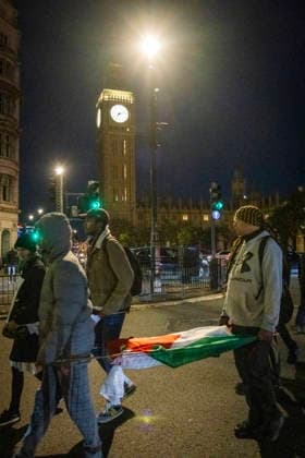 Pro-Palestine Silent Funeral Procession Central London, October 8, 2026 A pro-Palestine silent funeral procession took place in Central London, with demonstrators walking in silence to remember Palestinians killed in the conflict in Gaza. Participants carried Palestinian flags and placards, while some held a coffin and others carried effigies wrapped in burial shrouds, symbolising those killed in the conflict., Credit:Zak Irfan Avalon Copyright: xZakxIrfanx xAvalonx 1141557276