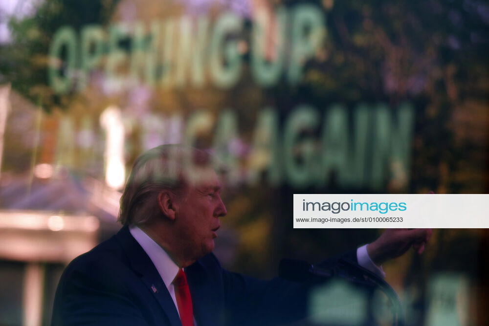 United States President Donald J. Trump is reflected in TV monitor as he speaks at a news conference in the Rose Garden at the White House in Washington on April 27, 2020. .Credit: Pool via CNP Washington USA - ZUMAs152 20200427_zaa_s152_036