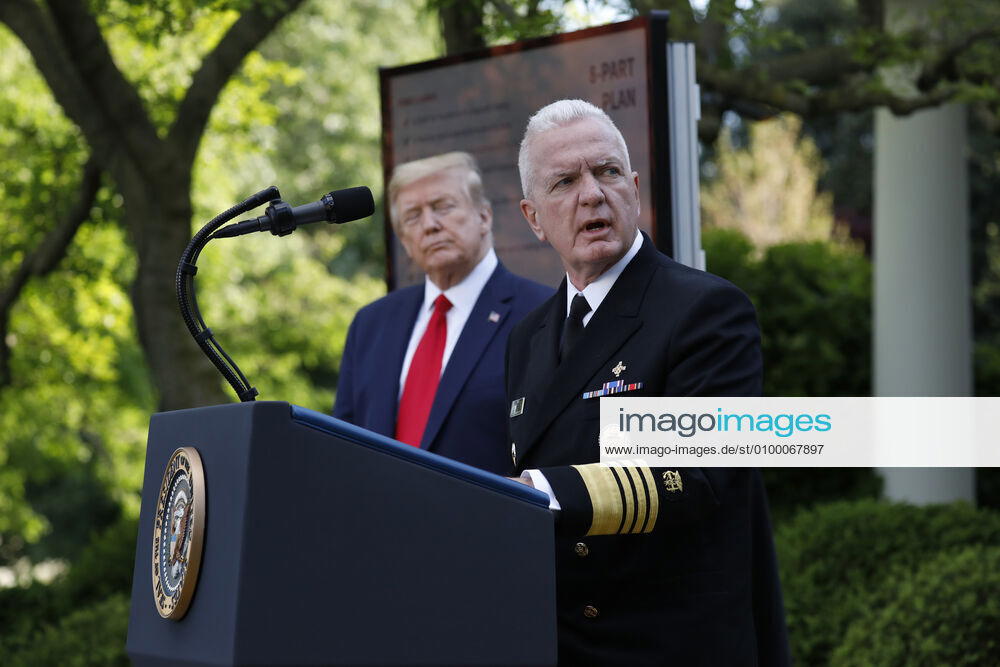 Admiral Brett Giroir, United States Assistant Secretary for Health, speaks next to US President Donald J. Trump at a news conference in the Rose Garden at the White House in Washington on April 27, 2020. .Credit: Pool via CNP Washington USA - ZUMAs152 20200427_zaa_s152_044